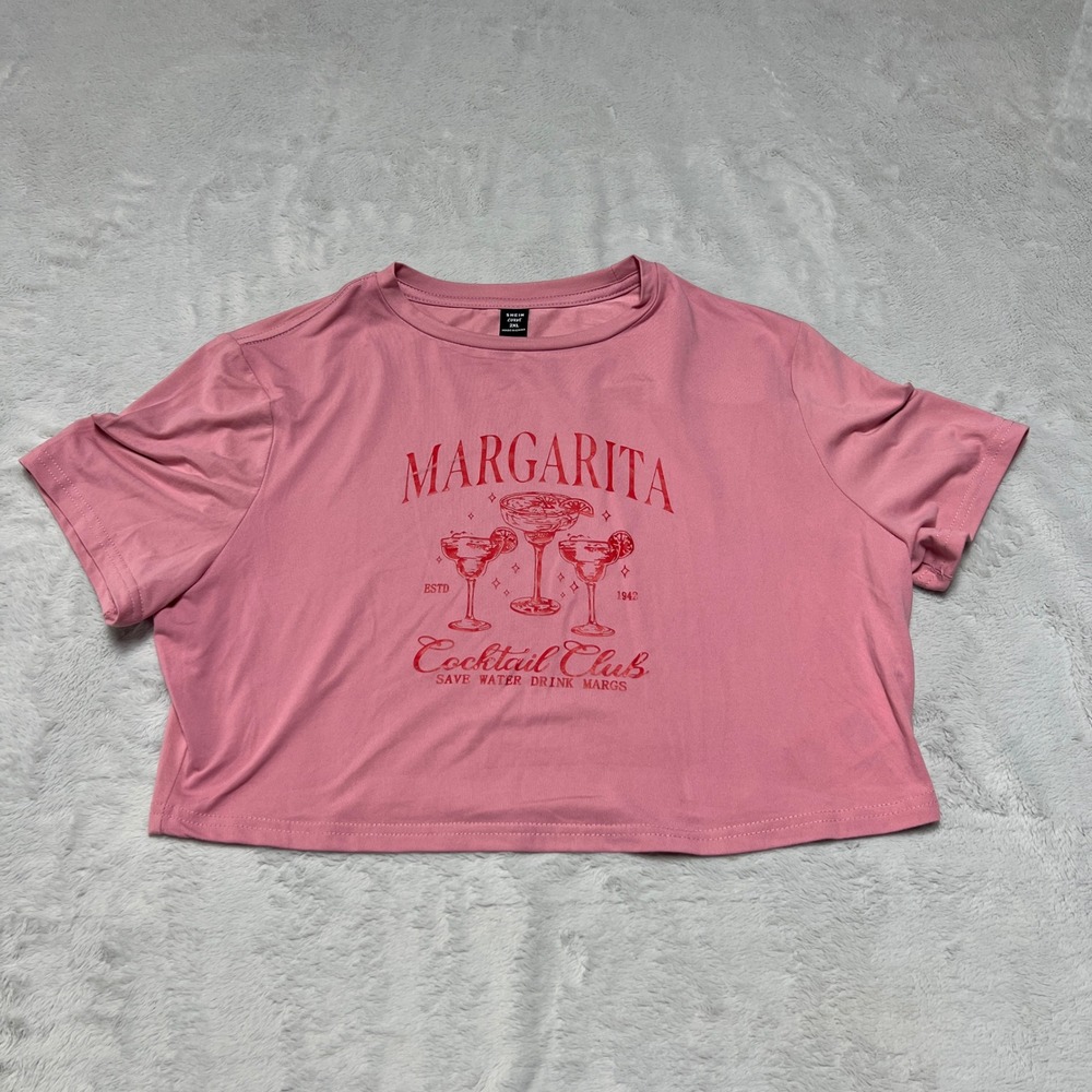 SHEIN Curve Graphic Tee Womens 2XL Pink Margarita Cocktail Club Crop Top